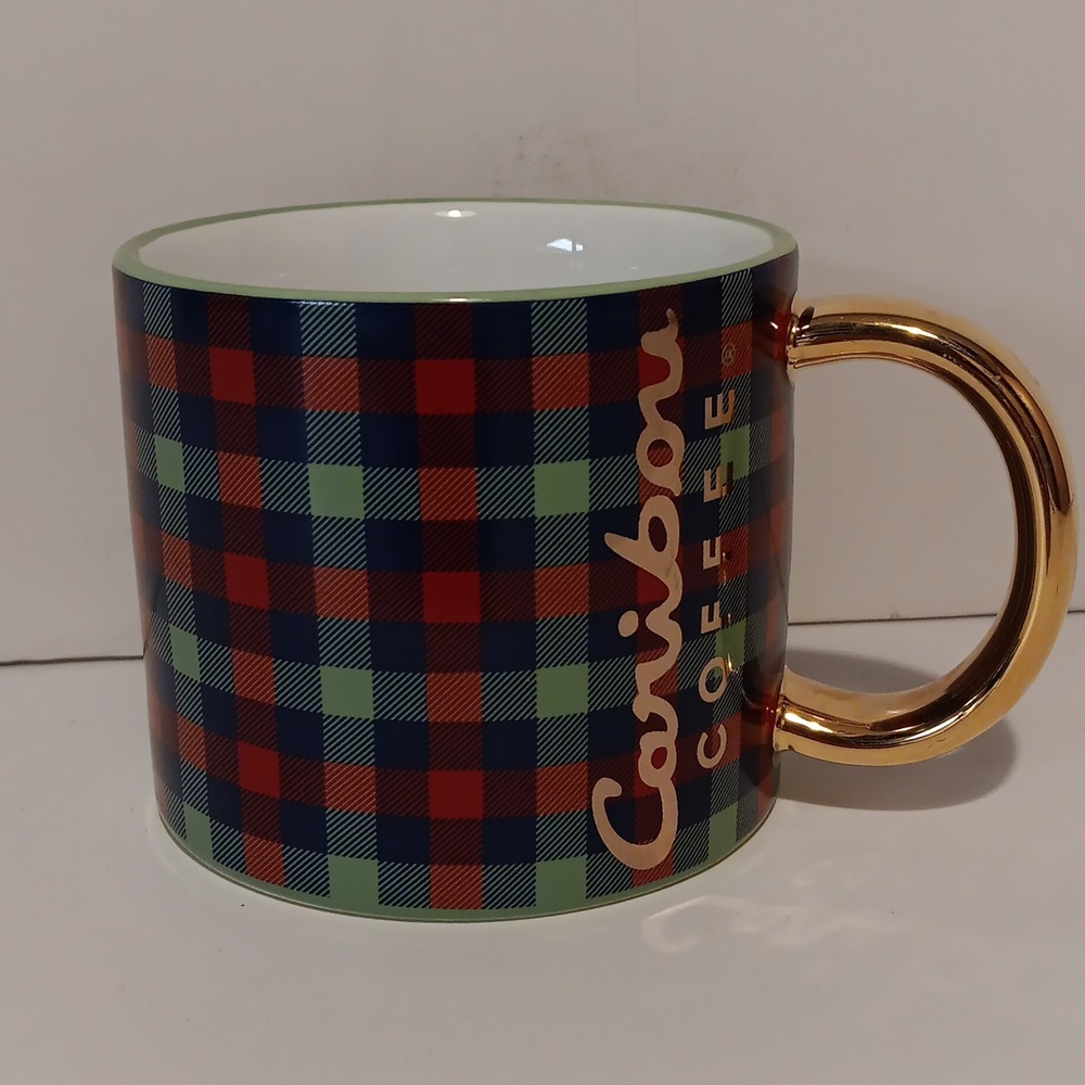 Caribou Coffee Plaid Gold Handled Coffee Mug